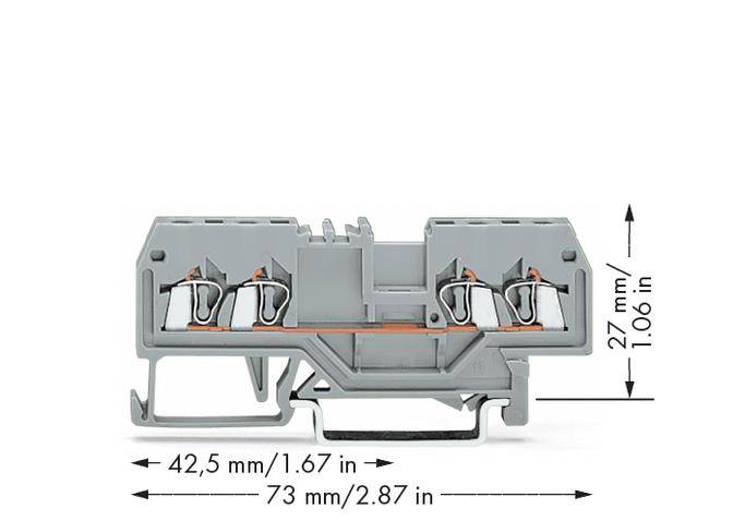 Sivi električni redni stezaljka blok dimenzija 42,5 mm x 27 mm x 73 mm, koji služi za spajanje električnih vodova.