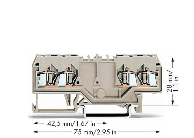 Klemmblok iz bočnog prikaza s dimenzijama: širina 42,5 mm, dubina 75 mm, visina 28 mm. Četiri priključne točke vidljive.