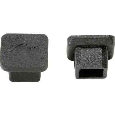 Dvije crne poklopce za USB priključke. Lijevo prednja strana s USB simbolom, desno strana koja pokriva priključak.