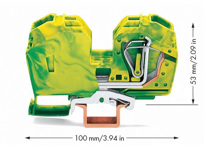 Prikaz žuto-zelenog priključnog bloka širine 100 mm i visine 53 mm, idealnog za električne spojeve.