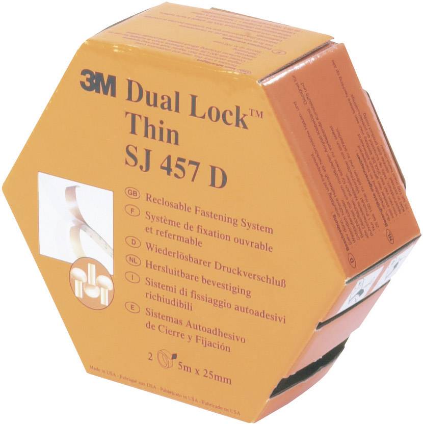 Šesterokutna ambalaža za 3M Dual Lock Thin SJ 457 D, ponovljivo zatvarački sustav pričvršćivanja, 5 m x 25 mm, narančasta kutija.
