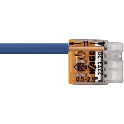 Plavi žica je ugurana u narančastu WAGO stezaljku 221. Stezaljka pokazuje kapacitete spajanja od 0,5-2,5 mm².