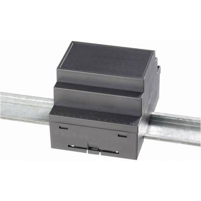 Crna, pravokutna naprava montirana na metalnoj šini, vjerojatno za električne primjene ili upravljačke svrhe.