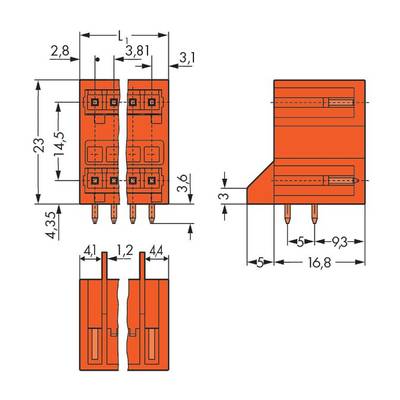 Tehnički nacrt narančastog elektroničkog konektora s preciznim dimenzijama u milimetrima. Prikazuje pogled odozgo i bočni pogled.