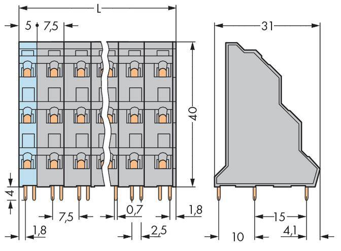 Tehnički nacrt električnog konektora s dimenzijama. Visina: 40 mm, širina: 31 mm, dubina: 41 mm. Prikazani su utori i razmaci između pinova.