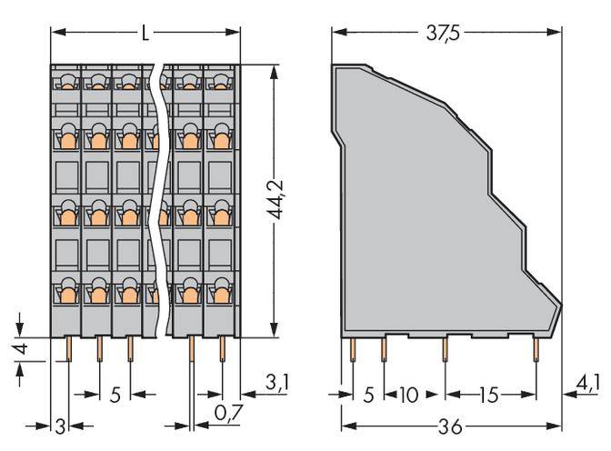 Tehnički nacrt električnog komponenta s dimenzijama: širina 36 mm, visina 44,2 mm, duljina 37,5 mm, razmak između pinova 3,5 mm.