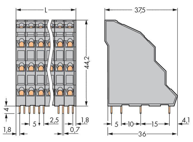 Tehnički nacrt konektora s mjerama: duljina 44,2 mm, širina 14 mm, detaljno navedene različite mjere odsječaka.