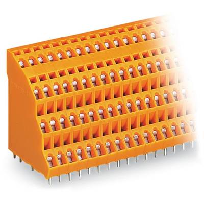 Narančasti električni konektor s više redova metalnih pinova za elektroničke sklopove.