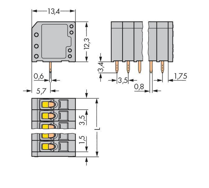 Tehnički crtež elektroničke komponente s dimenzijama u milimetrima: 13,4 x 12,3 x 13,4. Prikazuje prednji i bočni pogled.