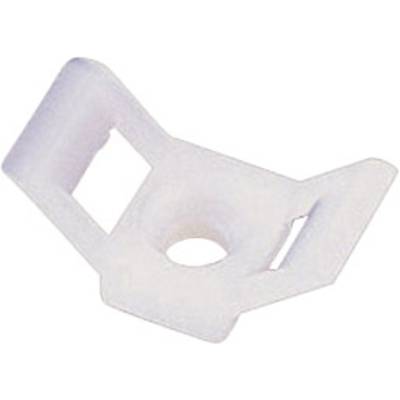 Bijeli, pravokutni plastični dio s okruglim otvorom u sredini i dva bočna kraka. Pogodan za učvršćivanje na glatkim površinama.