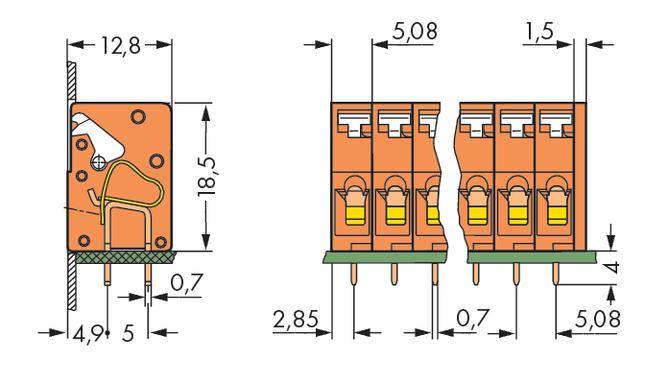 Tehnički nacrt konektora, prikazuje dimenzije: 12,8 x 18,5 mm, razmak između pinova 5,08 mm. Prikazano je vođenje žica.