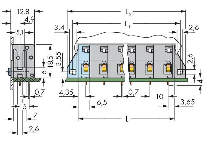 Tehnički nacrt elektroničke komponente s više dimenzija u milimetrima i bočnim presjekom.