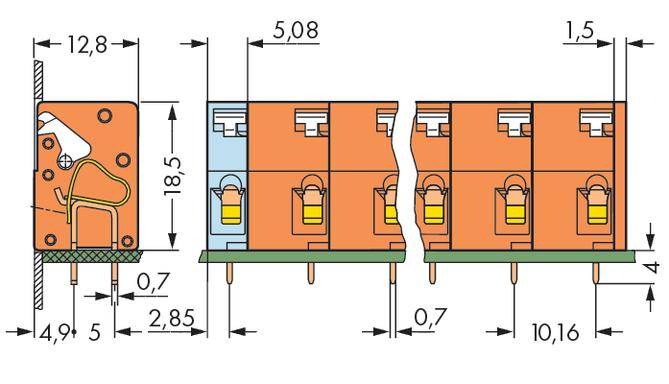 Dijagram elektroničke sheme prikazuje dimenzije i pinove releja modula, s različitim razmacima i visinama.