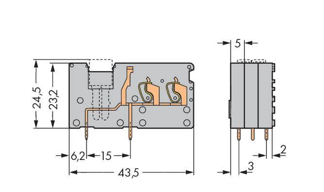 Tehnički nacrt elektroničke komponente s dimenzijama: 24,5 x 43,5 x 15 mm. Prikazuje priključne pinove i detalje unutarnje strukture.