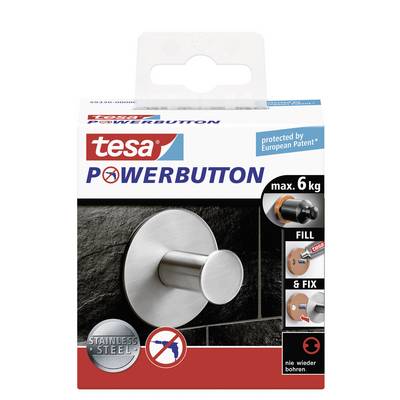 Ambalaža čelične zidne kuke 'tesa Powerbutton', nosivosti do 6 kg, učvršćivanje bez bušenja, uključujući sigurnosno upozorenje.