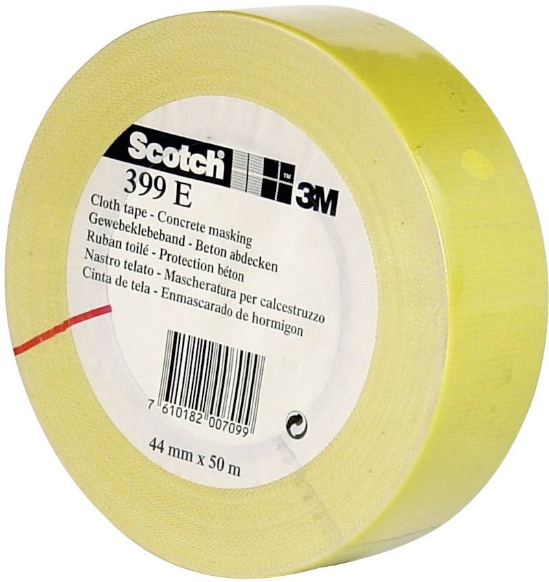 Žuta rolna ljepljive trake 'Scotch 3M 399 E' za betonske prekrivke, 44 mm x 50 m, s višejezičnim opisom proizvoda na etiketi.