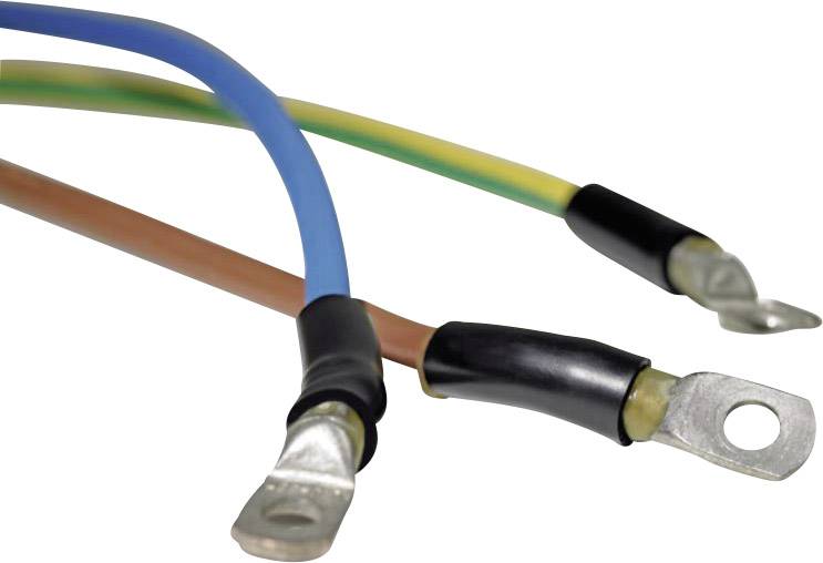 Tri električna kabela s bojom označenim ovojnicama (plava, zeleno-žuta, smeđa) i metalnim kabelskim obujnicama na krajevima.