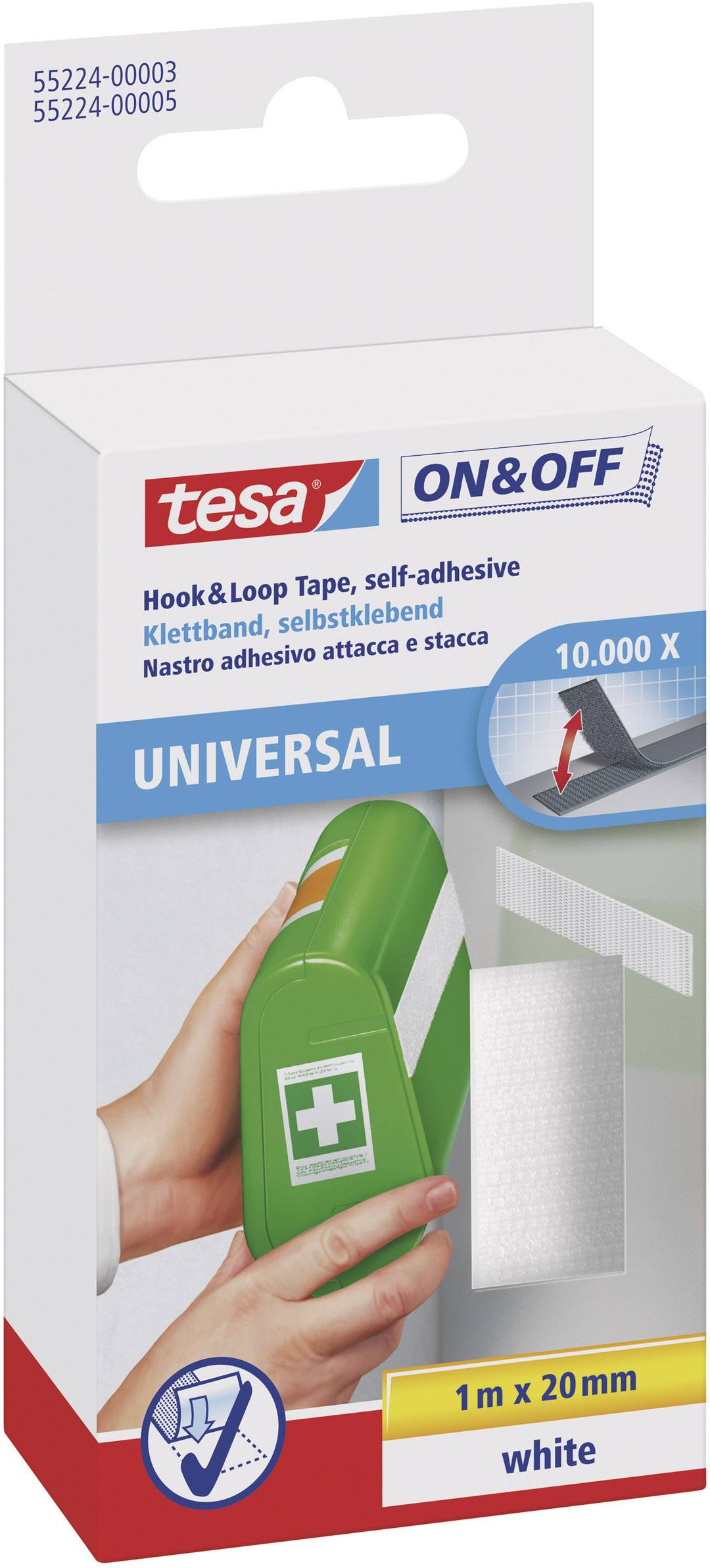 Pakiranje samoljepljive čičak vrpce tvrtke Tesa, univerzalno upotrebljive, 1 m x 20 mm, u bijeloj boji, pogodne za raznovrsne pričvršćivače.