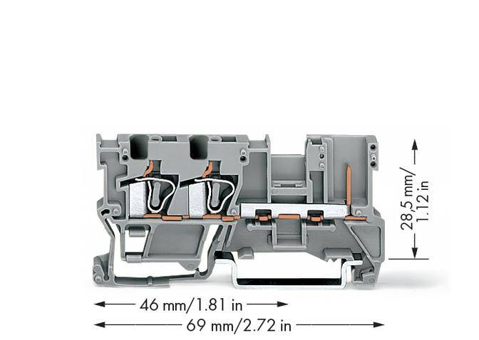 Poprečni presjek stezaljke s dimenzijama: širina 69 mm, visina 28,5 mm. Prikazuje unutarnju strukturu i komponente.