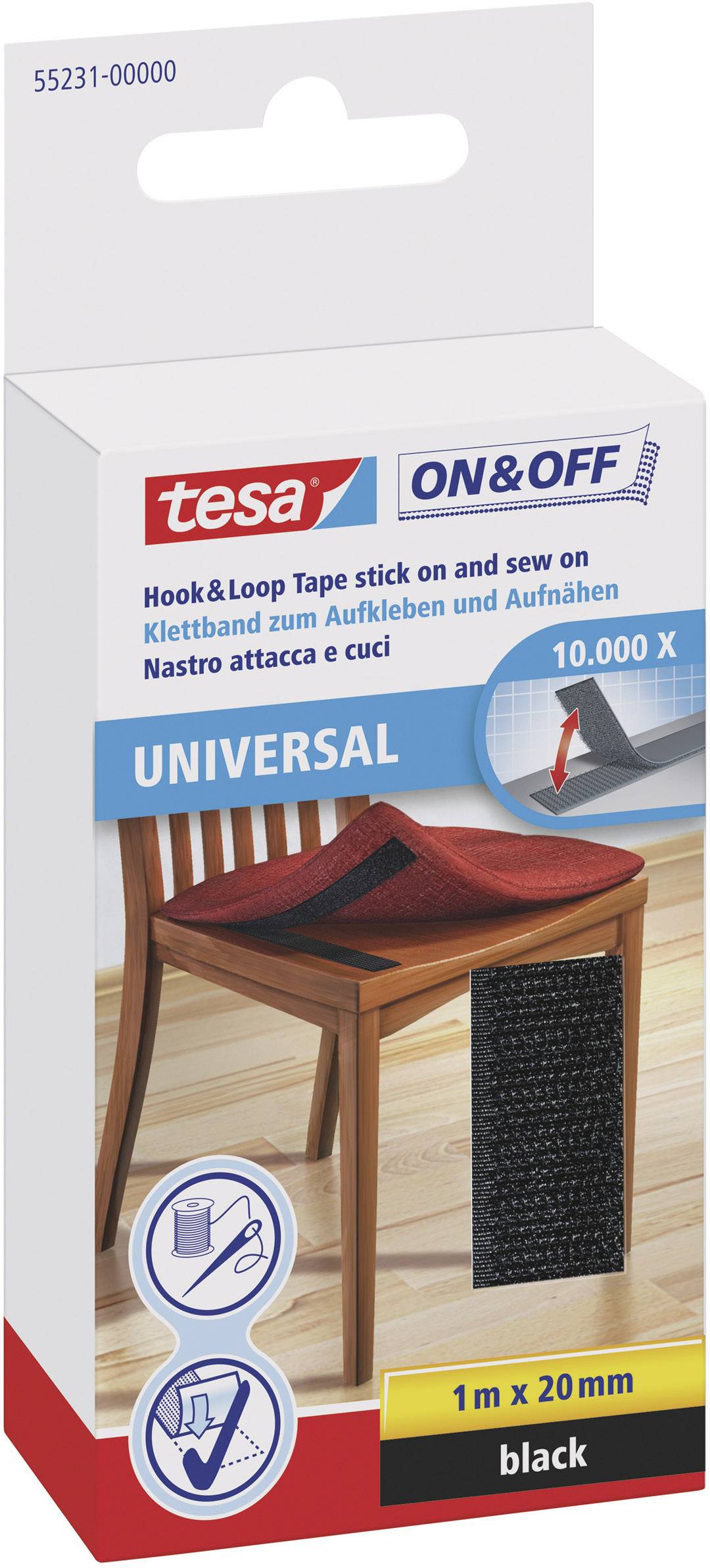 Pakovanje hook and loop trake marke Tesa, crne boje, 1 m x 20 mm. Pogodno za lijepljenje i prišivanje predmeta.
