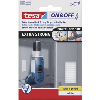 Produktno pakiranje za 'tesa ON & OFF Extra Strong' čičak trake. Prikazuje bušilicu u upotrebi, reklamirano kao 1000 puta ljepljivo.