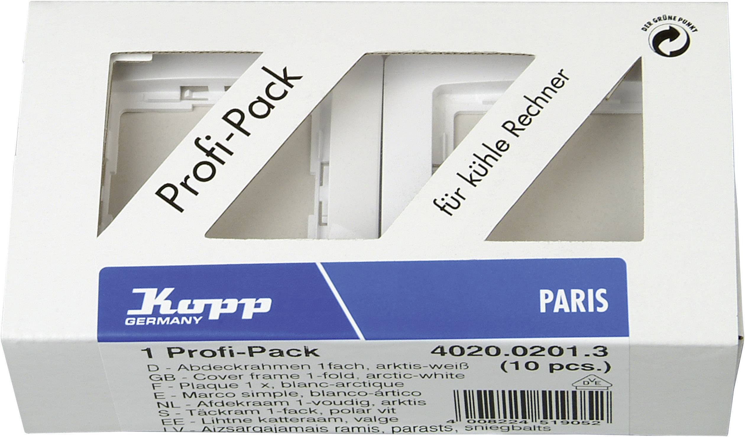 Slika pakiranja Kopp Profi-Pack utičnog adaptera, 10 komada, namijenjenog za upotrebu u hladnim okolišima.