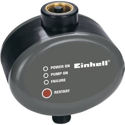 'Einhell' panel za prikaz vodne pumpe prikazuje status: 'Uključeno', 'Pumpa uključena', 'Kvar' i tipku 'Ponovni start' u crvenoj boji.