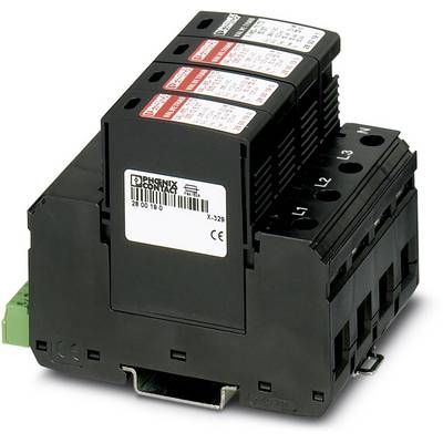 Crni naponski zaštitnik s više utičnih mjesta i crvenim naljepnicama. Označen oznakom 'Phoenix Contact' za električne sustave.