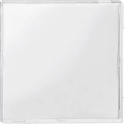 Prazna, prozirna plastična kutija za CD-ploče, kvadratnog oblika s blago reflektirajućom površinom.