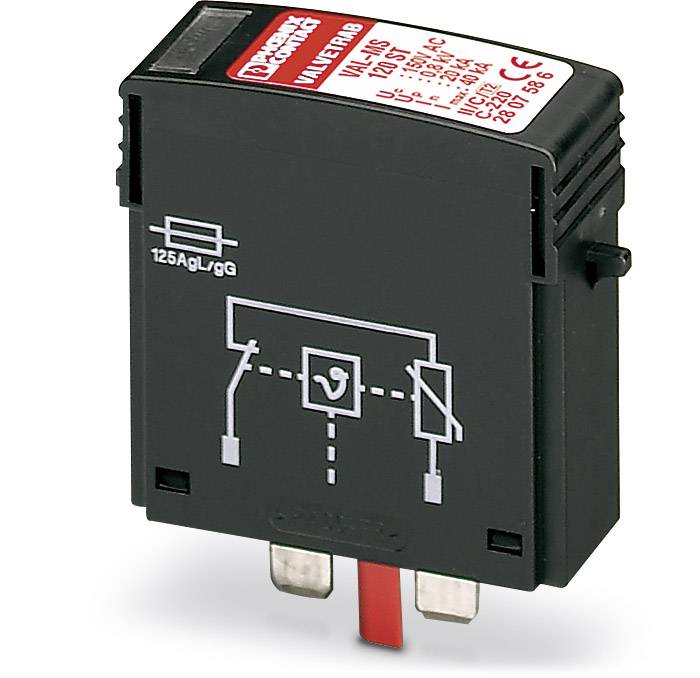 Crna električna komponenta s crvenim i bijelim oznakama. Oznaka prikazuje tehničke specifikacije.