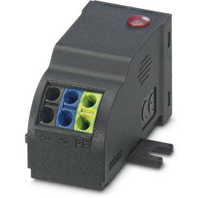 Crni električni kombinirani odvodnik s plavom, zelenom i žutom vodiljom, crvenom tipkom na vrhu, montiran na DIN šinu.