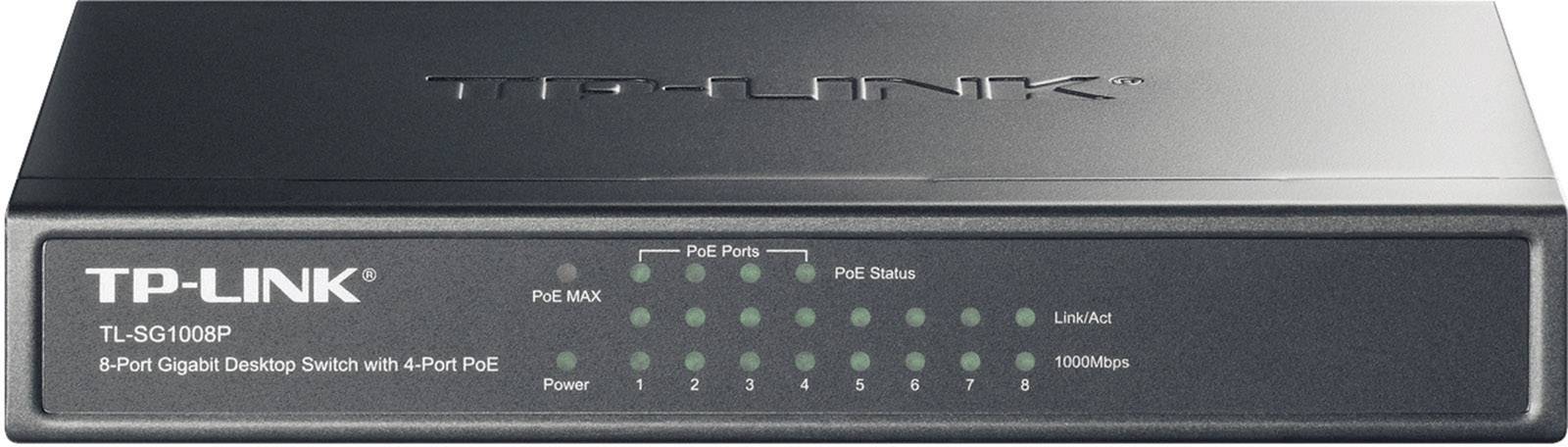 Crni TP-Link 8-portni Gigabit Desktop Switch s PoE funkcijom. Prednja strana prikazuje status LED indikatore za portove 1-8 i PoE statusne indikatore.