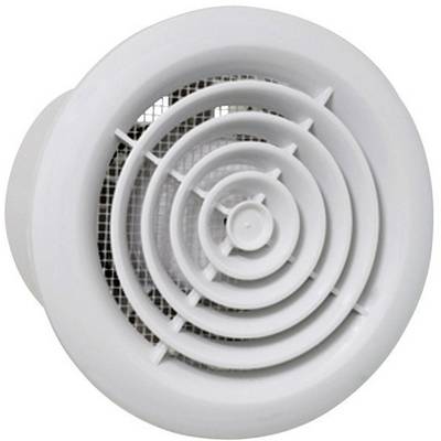 Okrugli bijeli ventilacijski otvor s rešetkom u unutrašnjosti, namijenjen prozračivanju prostorija.