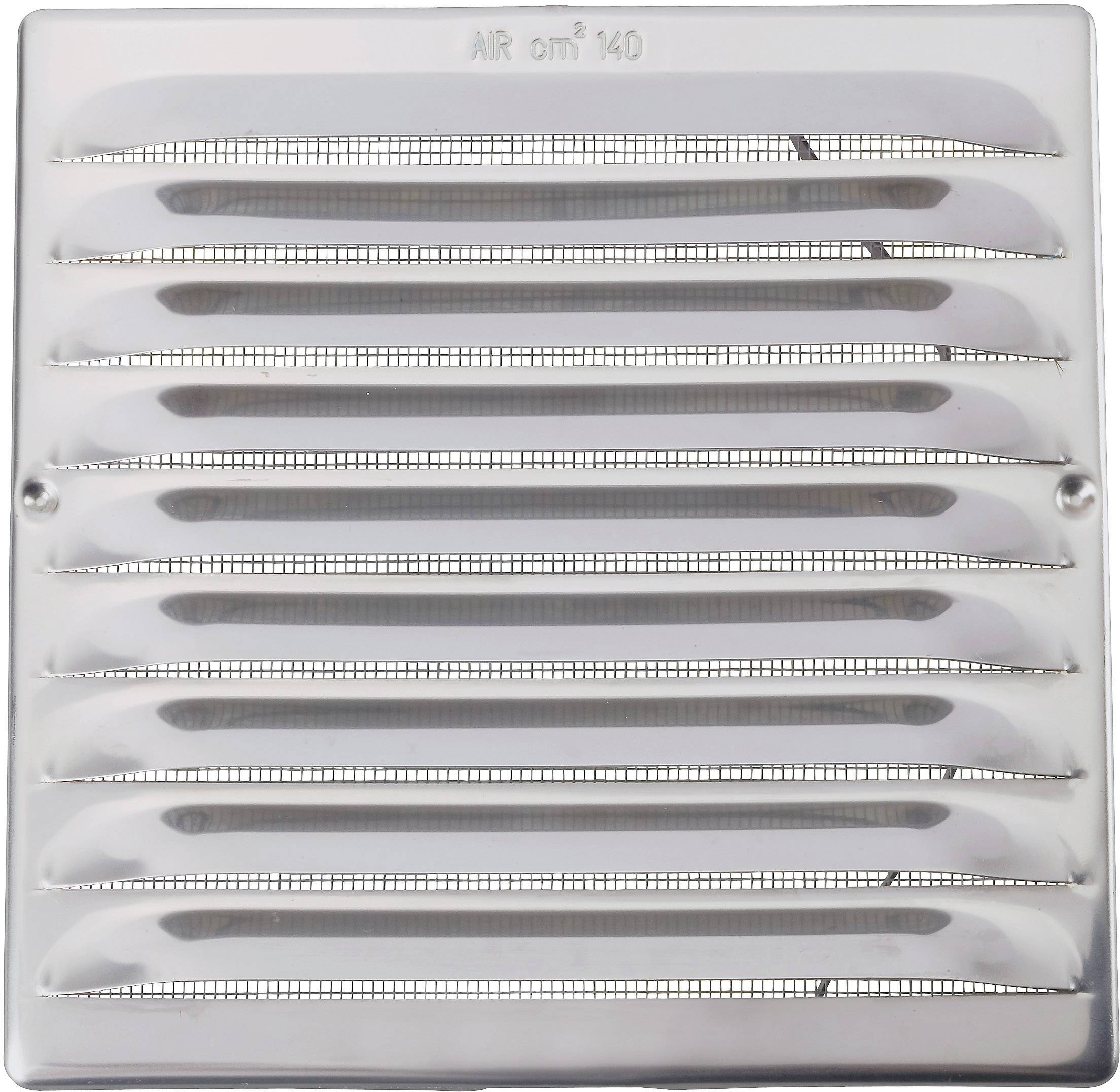 Pravokutna srebrna ventilacijska rešetka s horizontalnim lamelama za prozračivanje. Na vrhu natpis 'AIR ON 140'.