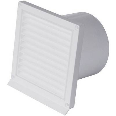 Pravokutna bijela ventilacijska rešetka s lamelajama na prednjoj strani, koja se ugrađuje u zidove za prozračivanje.
