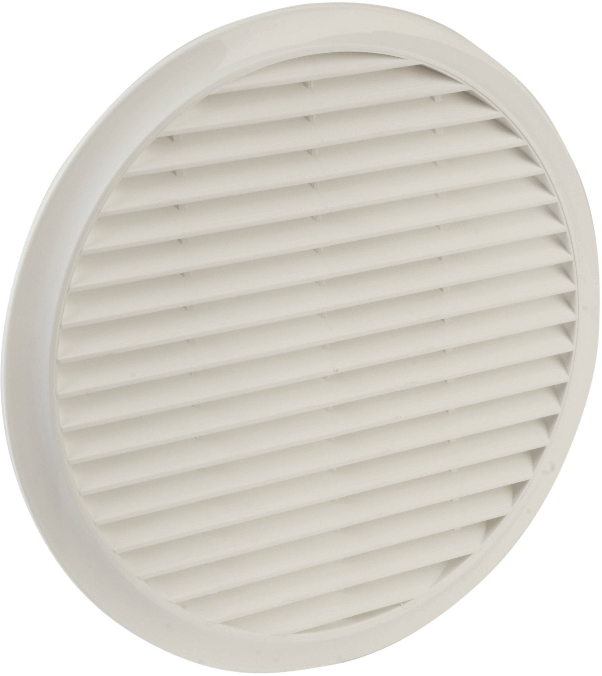 Bijeli, okrugli ventilacijski rešetkasti poklopac sa horizontalnim lamelama, pogodan za sustave ventilacije.