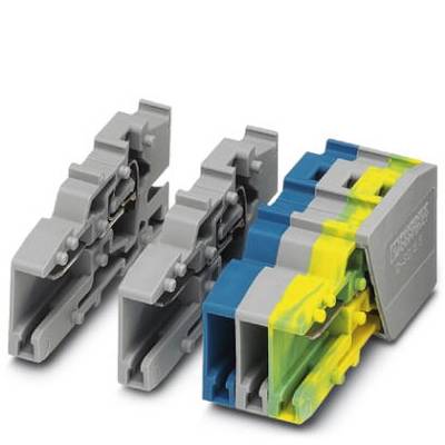Tri sive plastične stezaljke, svaka s jednim plavim, žutim i zelenim elementom za spajanje električnih vodova.