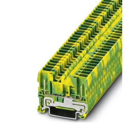 Žuto-zeleni razvodnik rednih stezaljki s metalnim priključkom, tipičan element u električnim ormarima za spajanje kabela.