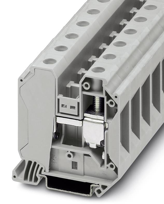 Sivi, pravokutni priključni blok s više priključaka i unutarnjom metalnom vezom za električno spajanje u razvodnim ormarima.