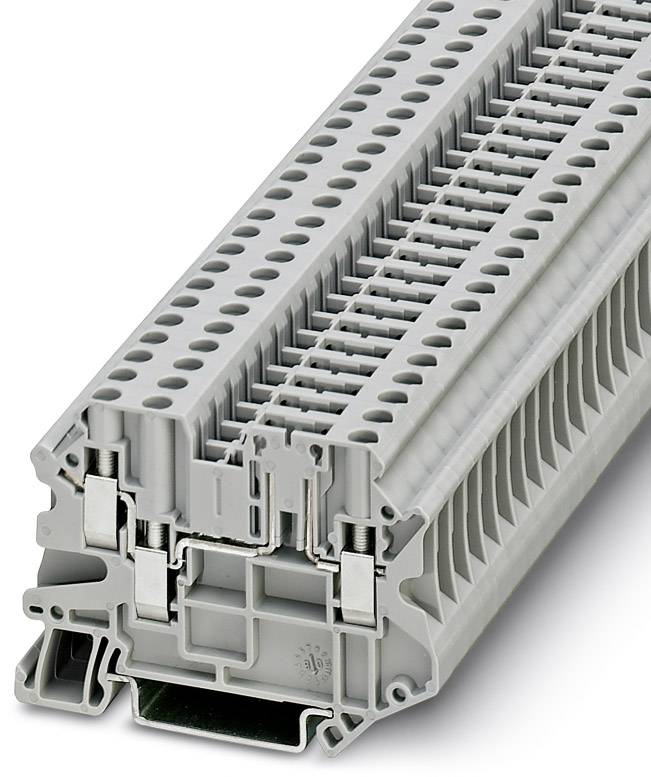 Sivi električni prolazni redni stezaljka blok s više priključnih točaka, korišten za električko spajanje i distribuciju.