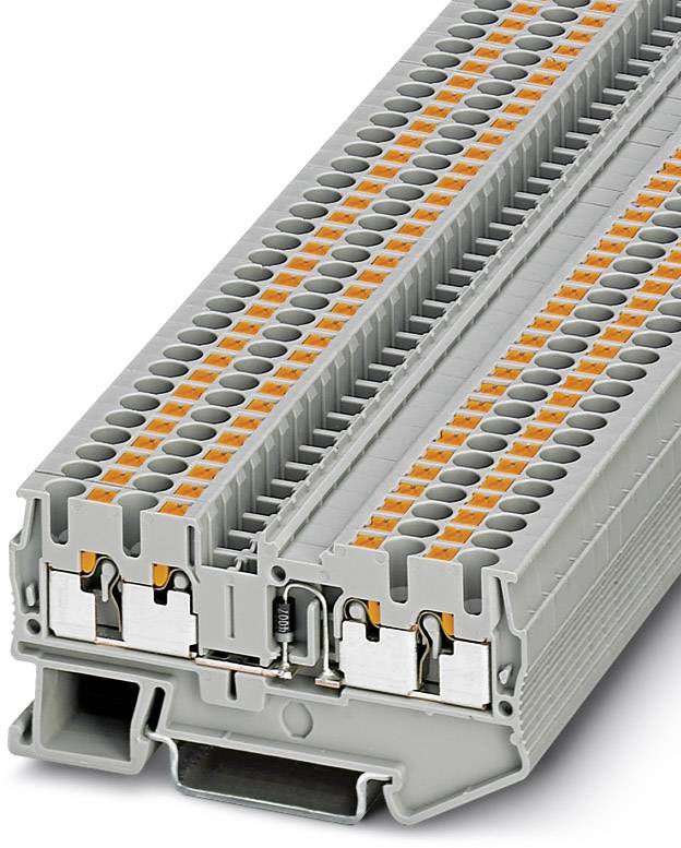 Sivi redni stezaljka blok s dvije razine i narančastim pritisnim tipkama. Pogodan za jednostavnu montažu električnih spojeva.