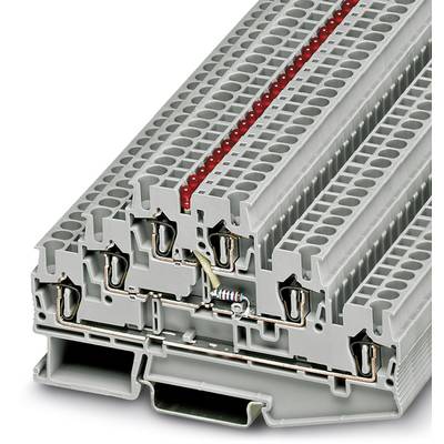Slog sivo-bijelih rednih stezaljki s više razina i crvenom ljestvicom u sredini, korišten u električnim primjenama.