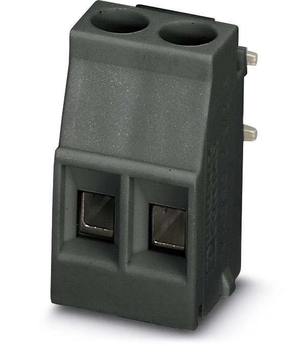 Sivi dvopolni utični konektor s pravokutnim priključcima, pogodan za električne spojeve.