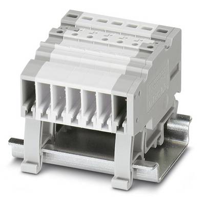 Sivi višepolni električni priključak montiran na metalnoj šini, sa šest priključaka za električno spajanje.