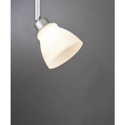 Moderna stropna lampa s jednostavnim, bijelo-opalnim staklom i srebrnim detaljem vješanja pred sivom pozadinom.