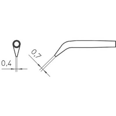 Tehnički nacrt alata s okruglom rupom na vrhu i savijenim vratilom. Dimenzije: 0,4 i 0,7 centimetara.