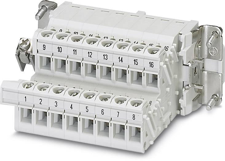 Sivi, modularan razvodnik s 16 numeriranih priključnih točaka, pogodan za električne instalacijske primjene.