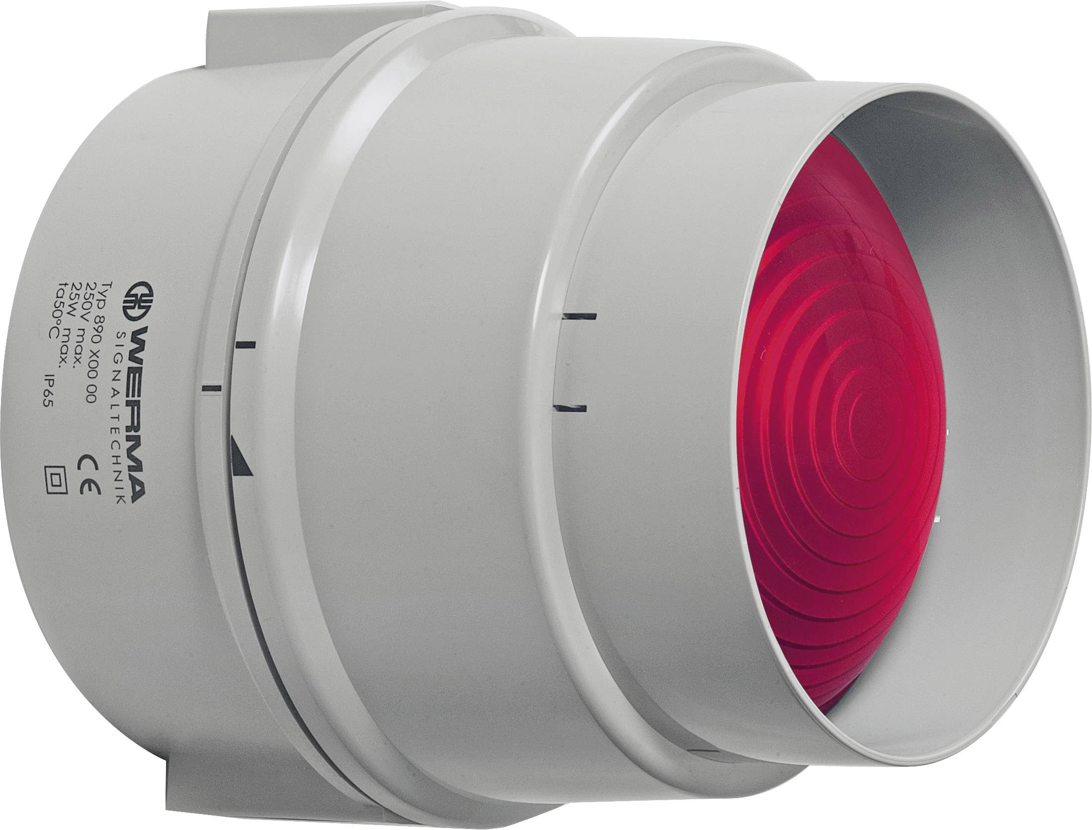 Slika prikazuje sivi cilindrični uređaj za uzbunjivanje s crvenom lećom, koji se koristi za vizualno signaliziranje u industrijskim okolišima.