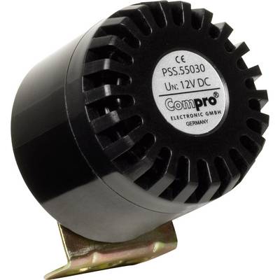 Okrugli, crni elektronički zujalica s natpisom 'ComPro', 12V DC, u kućištu s ventilacijskim otvorima, izrađen u Njemačkoj.