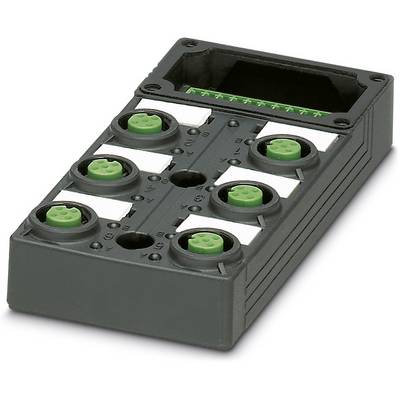 Crna elektronička jedinica sa šest zelenih konektora, podesna za ožičenje ili distribuciju signala u tehničkim sustavima.